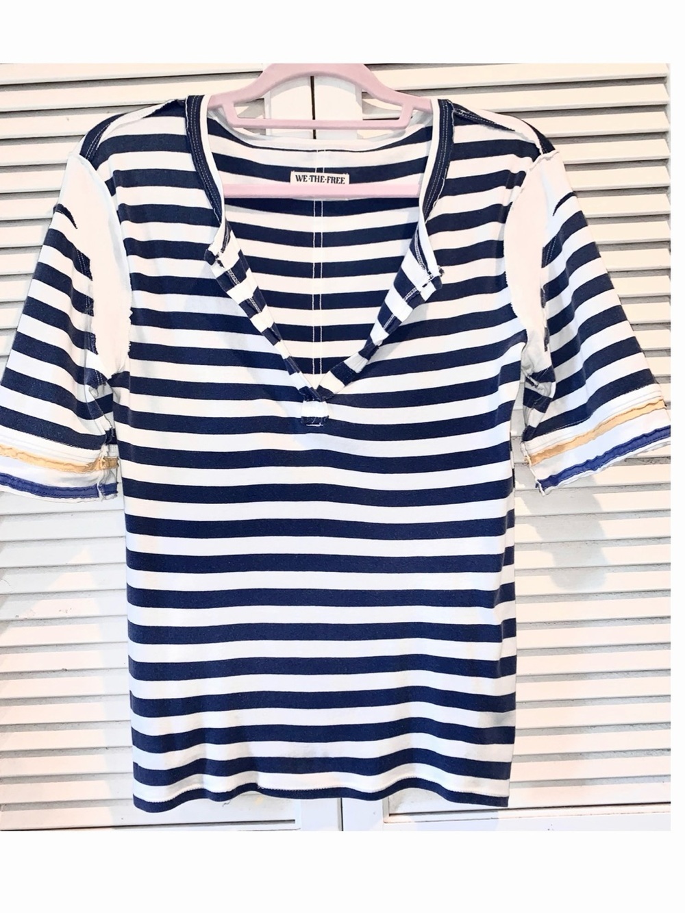 We The Free navy and white striped top featuring a split neckline women’s Medium